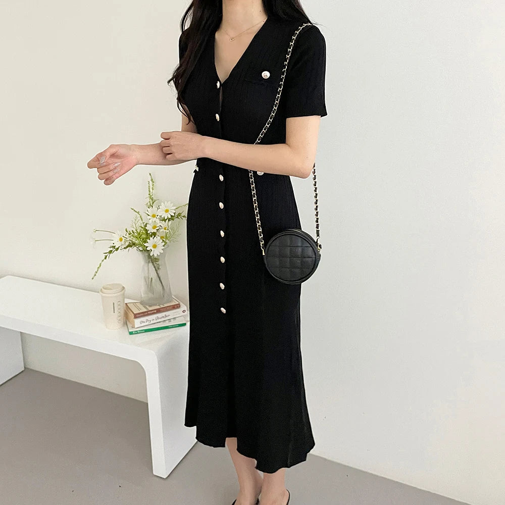 Summer Midi Dress Women Knitted Black Bodycon Korea Style Ruffle Ladies Dresses Elegant Fashion Casual Woman Long Sleeve Dress