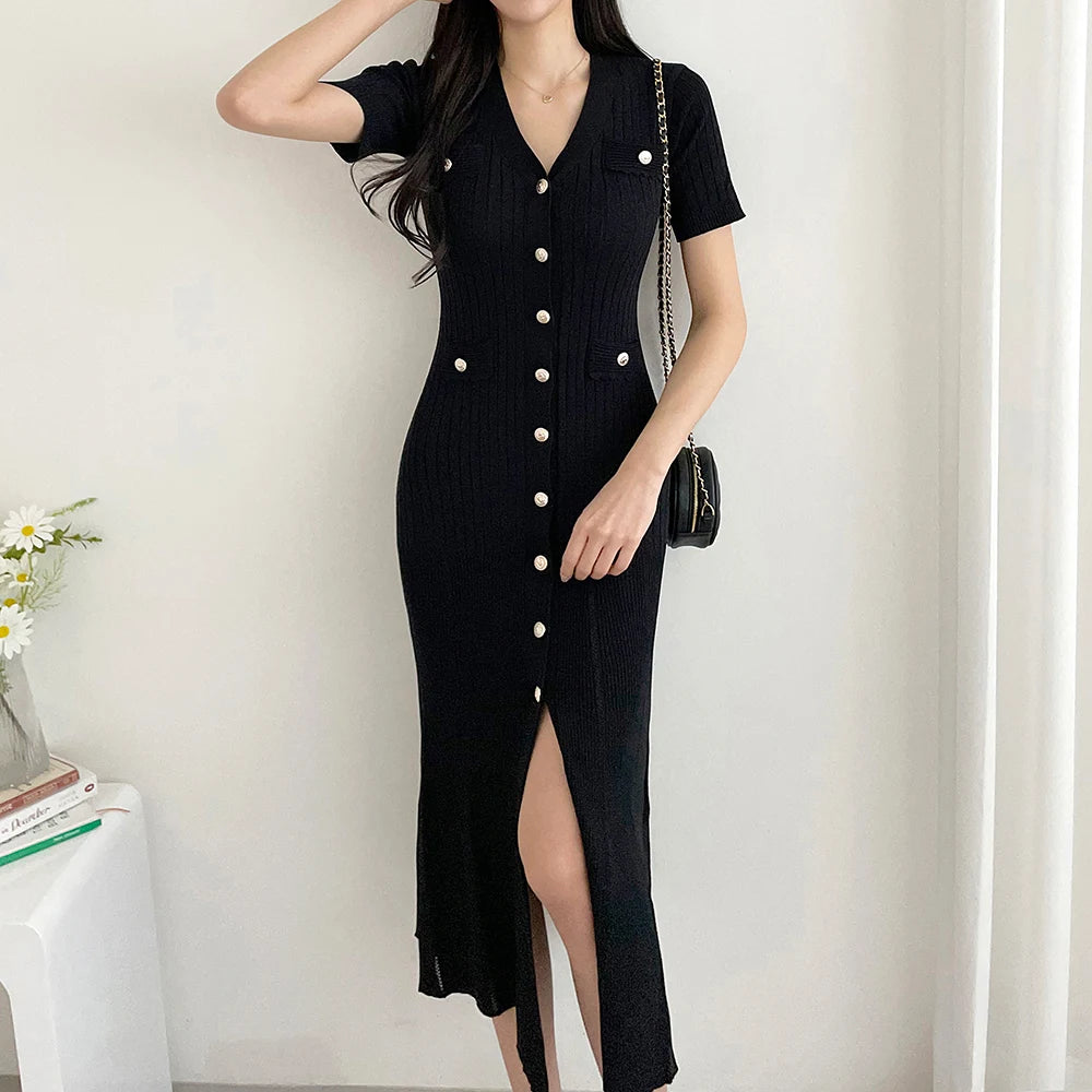 Summer Midi Dress Women Knitted Black Bodycon Korea Style Ruffle Ladies Dresses Elegant Fashion Casual Woman Long Sleeve Dress