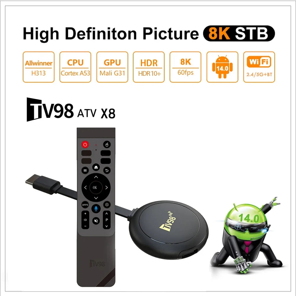 TV98 ATV X8 TV Stick 4G 5G Dual Wifi HD 8K 4K Android 14 H.265 BT 5.0 8GB 128GB Allwinner H313 quad-core Voice Remote Smart iptv