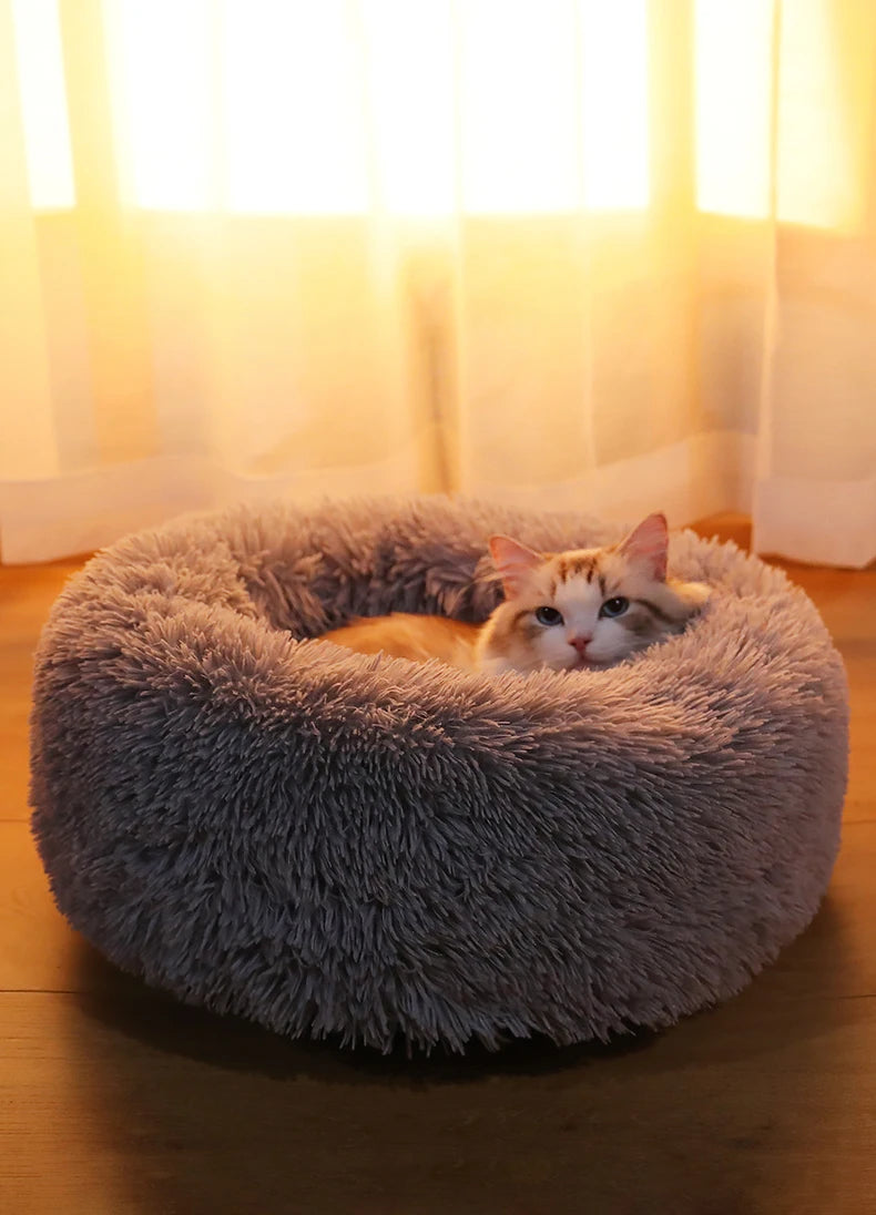 Kimpets Round Cat Bed Dog Pet Bed Kennel Non-Slip Winter Warm Dog Kennel Sleeping Long Plush Soft Puppy Cushion Mat Cat Supplies