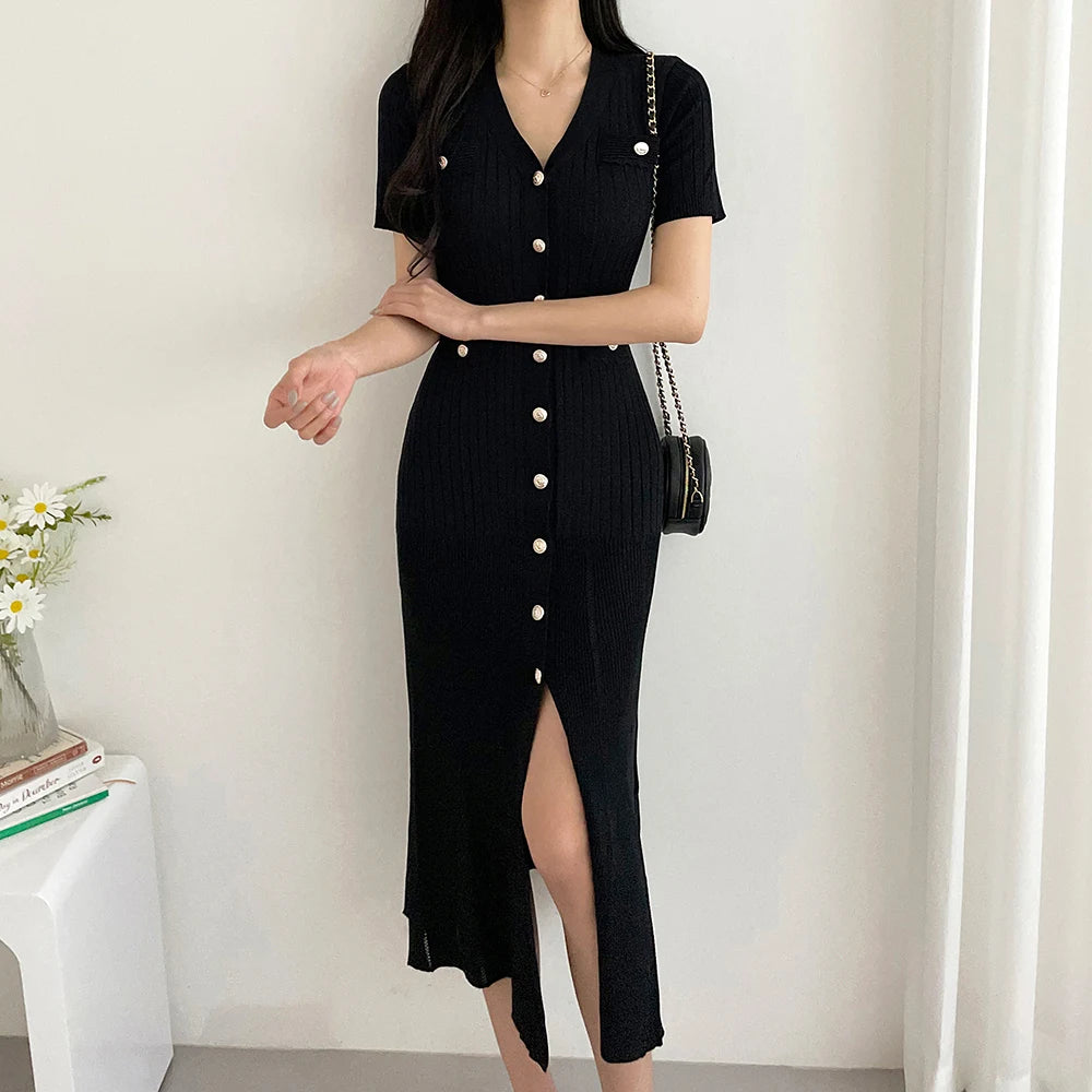 Summer Midi Dress Women Knitted Black Bodycon Korea Style Ruffle Ladies Dresses Elegant Fashion Casual Woman Long Sleeve Dress
