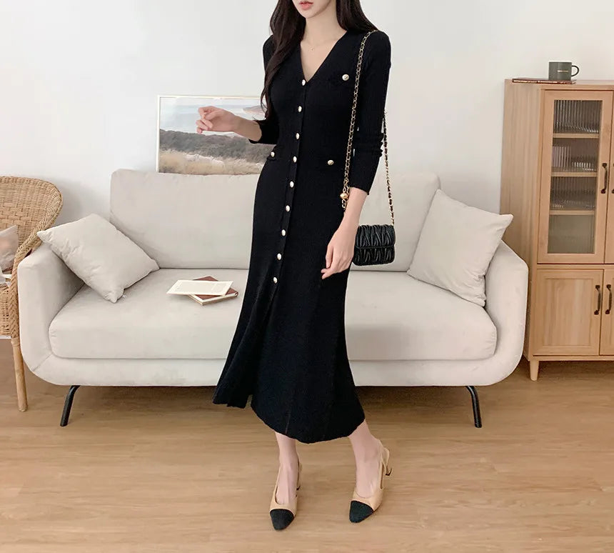 Summer Midi Dress Women Knitted Black Bodycon Korea Style Ruffle Ladies Dresses Elegant Fashion Casual Woman Long Sleeve Dress