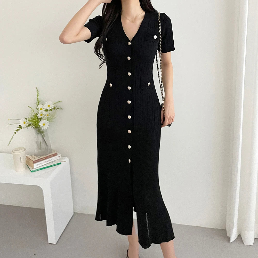 Summer Midi Dress Women Knitted Black Bodycon Korea Style Ruffle Ladies Dresses Elegant Fashion Casual Woman Long Sleeve Dress