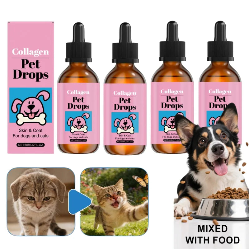All Ages Pet Collagen Liquid Drops 60ml Skin Coat Support Supplement for Small Large Dog Cat Collagen for Pet Beauty and Health