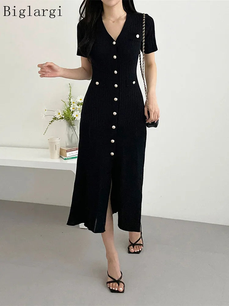 Summer Midi Dress Women Knitted Black Bodycon Korea Style Ruffle Ladies Dresses Elegant Fashion Casual Woman Long Sleeve Dress