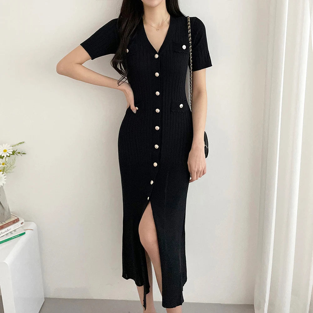 Summer Midi Dress Women Knitted Black Bodycon Korea Style Ruffle Ladies Dresses Elegant Fashion Casual Woman Long Sleeve Dress