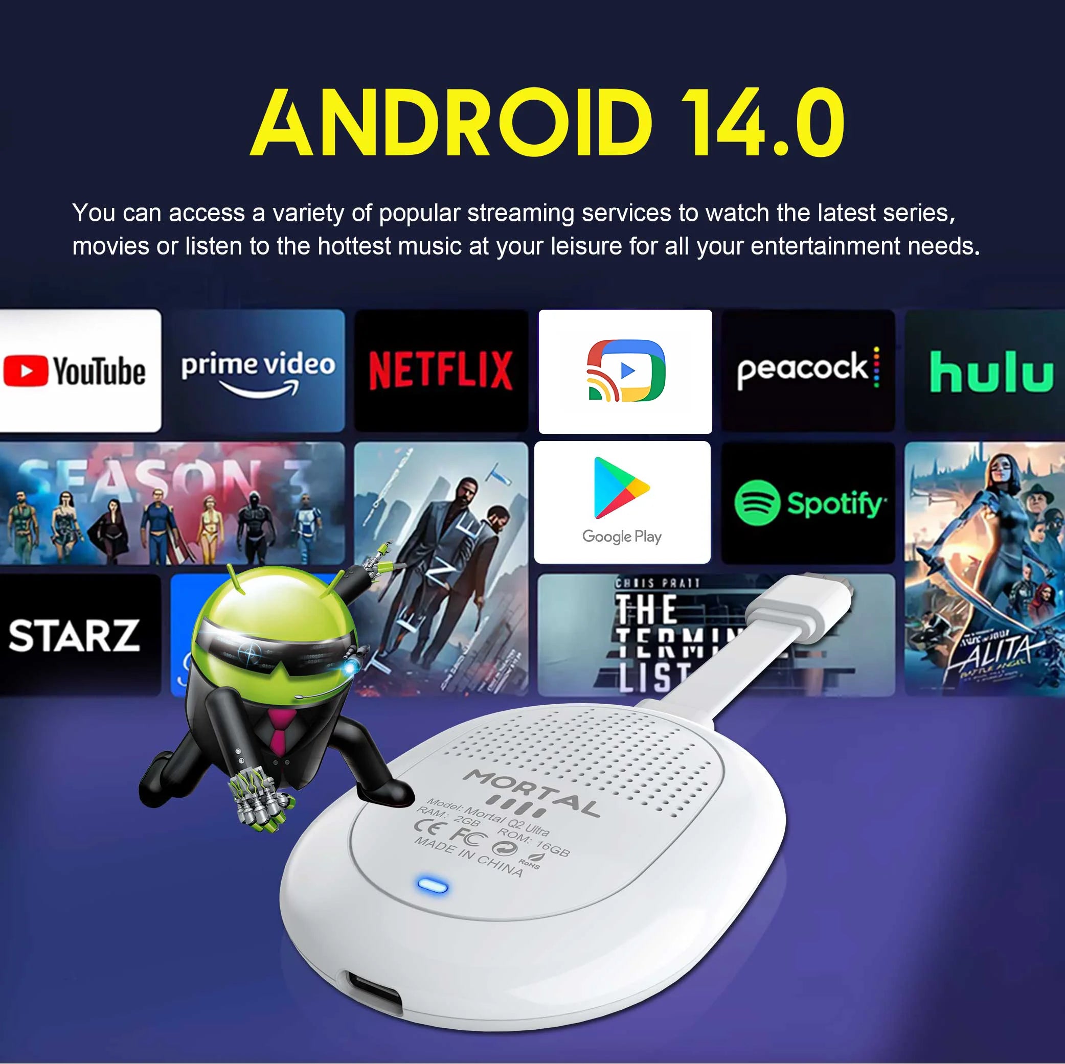 Android TV Stick Smart 4K Home theater Mortal Q2 ultra AllwinnerH313 Netflix YouTube Wifi6 Bluetooth Chromecast Voice Remote