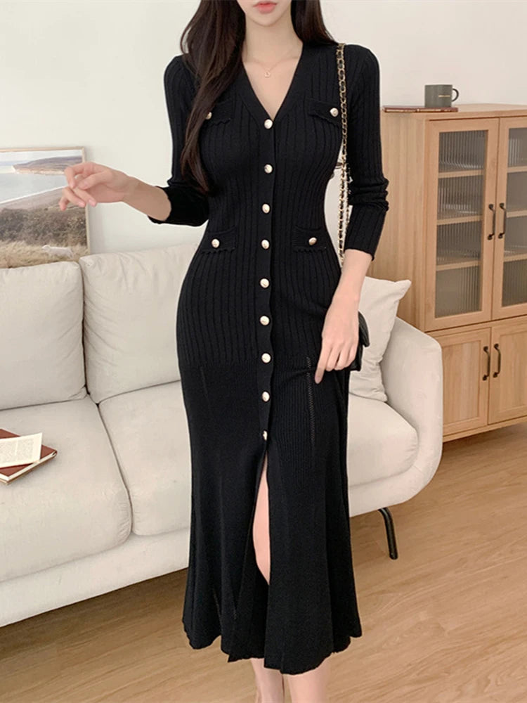Summer Midi Dress Women Knitted Black Bodycon Korea Style Ruffle Ladies Dresses Elegant Fashion Casual Woman Long Sleeve Dress