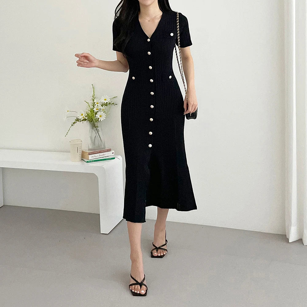 Summer Midi Dress Women Knitted Black Bodycon Korea Style Ruffle Ladies Dresses Elegant Fashion Casual Woman Long Sleeve Dress