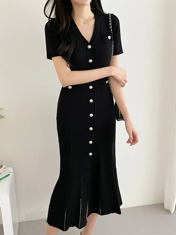 Summer Midi Dress Women Knitted Black Bodycon Korea Style Ruffle Ladies Dresses Elegant Fashion Casual Woman Long Sleeve Dress