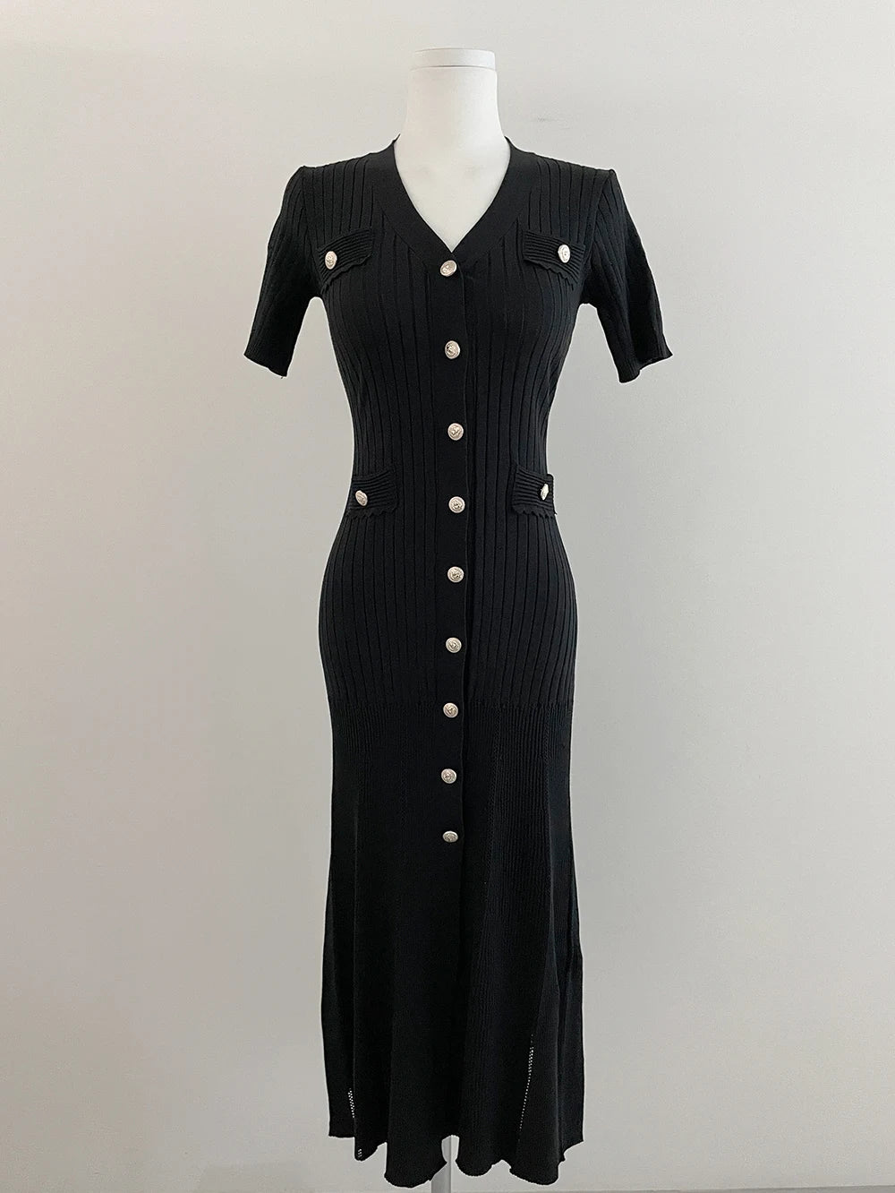 Summer Midi Dress Women Knitted Black Bodycon Korea Style Ruffle Ladies Dresses Elegant Fashion Casual Woman Long Sleeve Dress
