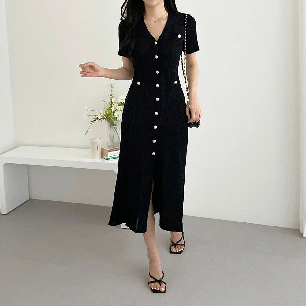Summer Midi Dress Women Knitted Black Bodycon Korea Style Ruffle Ladies Dresses Elegant Fashion Casual Woman Long Sleeve Dress