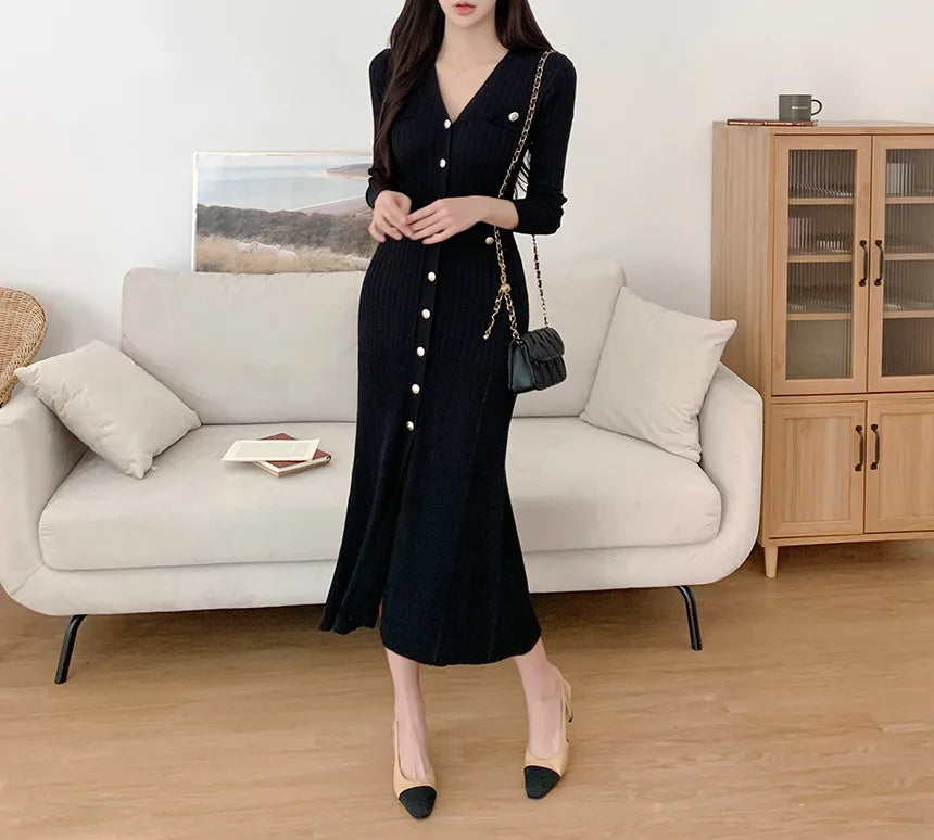 Summer Midi Dress Women Knitted Black Bodycon Korea Style Ruffle Ladies Dresses Elegant Fashion Casual Woman Long Sleeve Dress