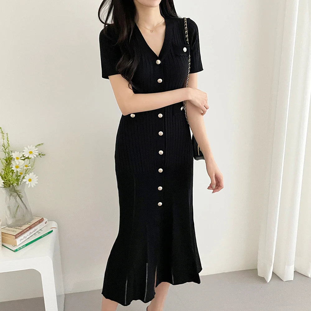 Summer Midi Dress Women Knitted Black Bodycon Korea Style Ruffle Ladies Dresses Elegant Fashion Casual Woman Long Sleeve Dress