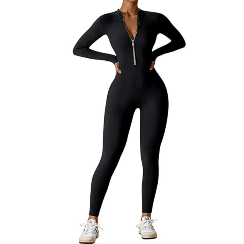 Women Long Sleeve Workout Jumpsuit Zip Up Romper Bottom Pants Bodysuit Bodycon Women Gym Clothing Running Fitness Suits