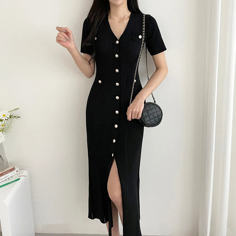 Summer Midi Dress Women Knitted Black Bodycon Korea Style Ruffle Ladies Dresses Elegant Fashion Casual Woman Long Sleeve Dress