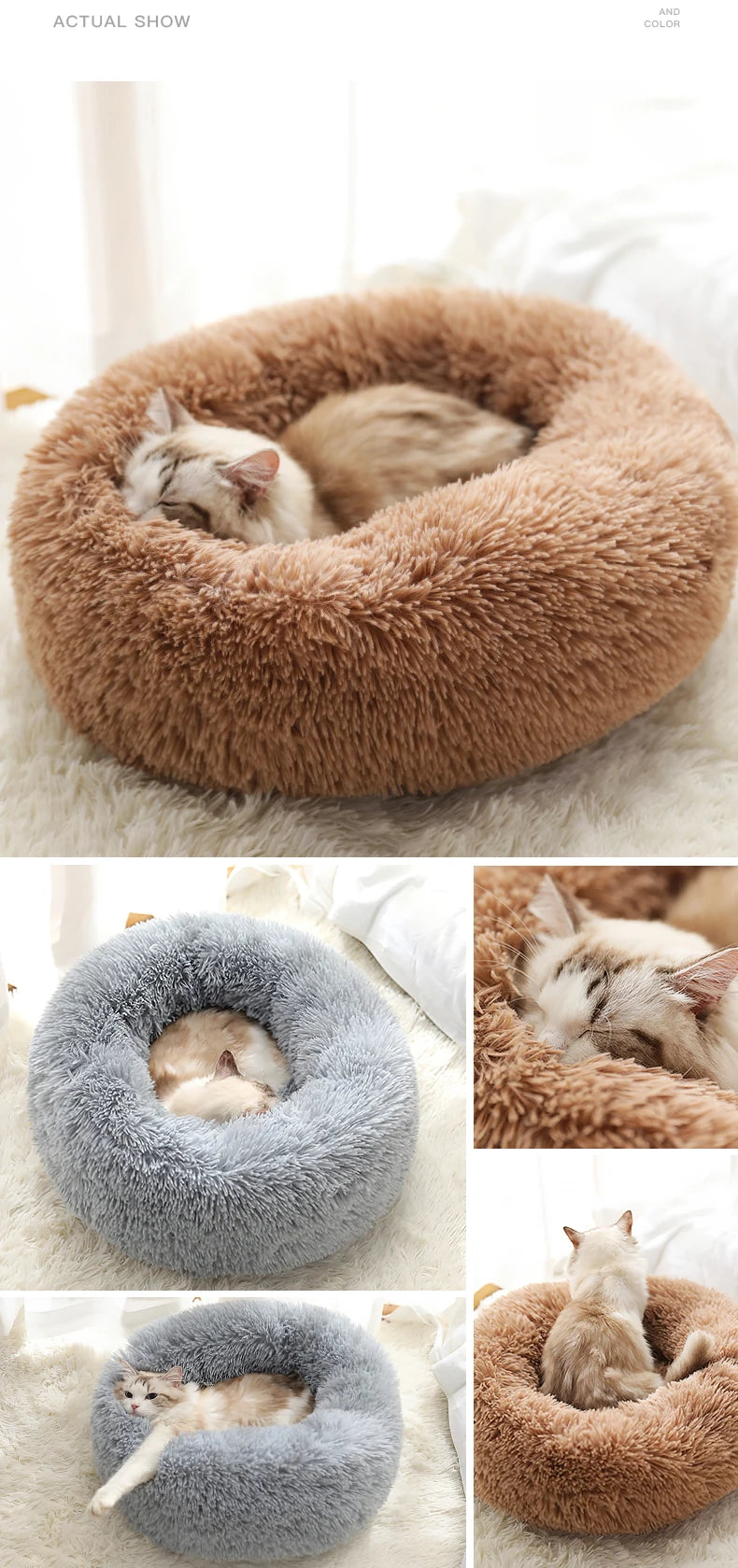 Kimpets Round Cat Bed Dog Pet Bed Kennel Non-Slip Winter Warm Dog Kennel Sleeping Long Plush Soft Puppy Cushion Mat Cat Supplies