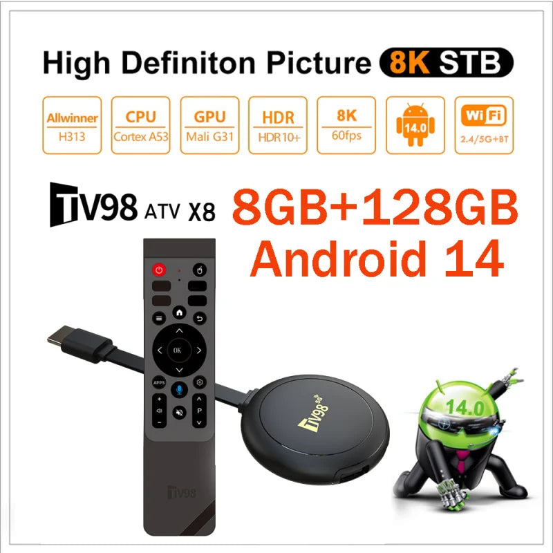 TV98 ATV X8 TV Stick 4G 5G Dual Wifi HD 8K 4K Android 14 H.265 BT 5.0 8GB 128GB Allwinner H313 quad-core Voice Remote Smart iptv