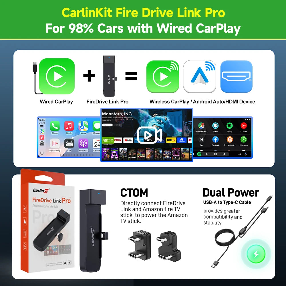 Carlinkit Supports Fire TV Stick Converter TV Streaming Box HDMI Wireless CarPlay TV Adapter  for Fire TV Stick HD 4K Max Lite