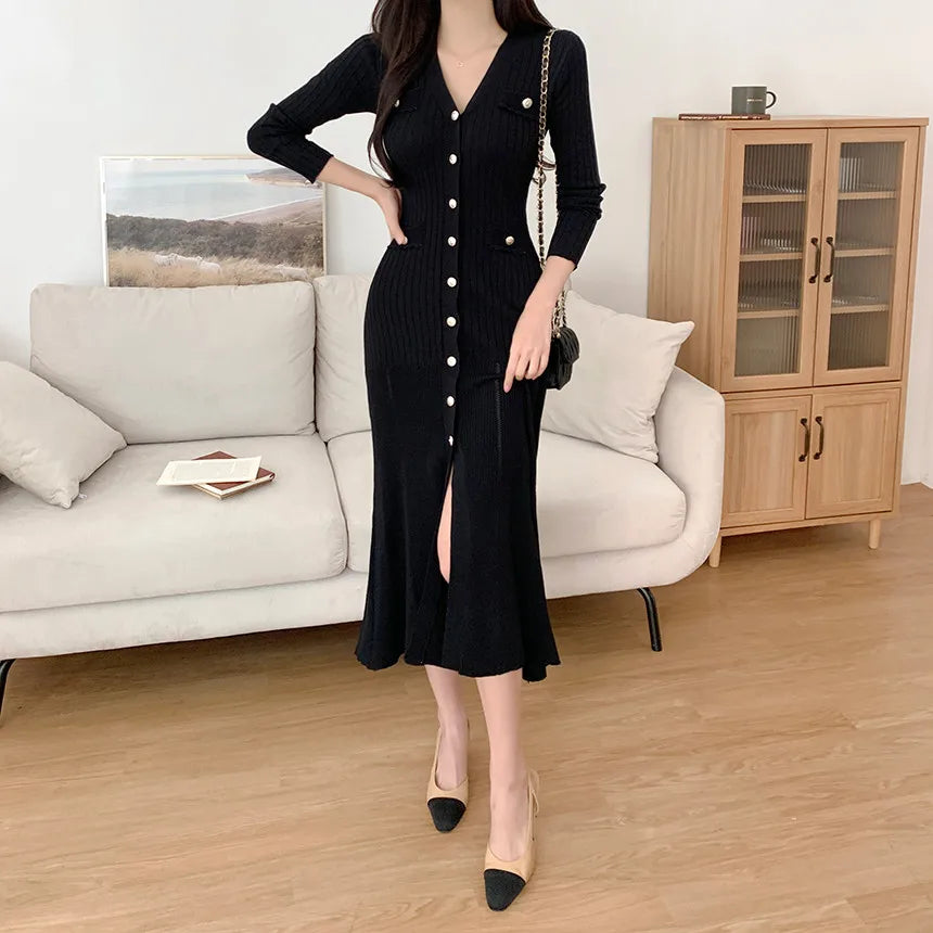 Summer Midi Dress Women Knitted Black Bodycon Korea Style Ruffle Ladies Dresses Elegant Fashion Casual Woman Long Sleeve Dress