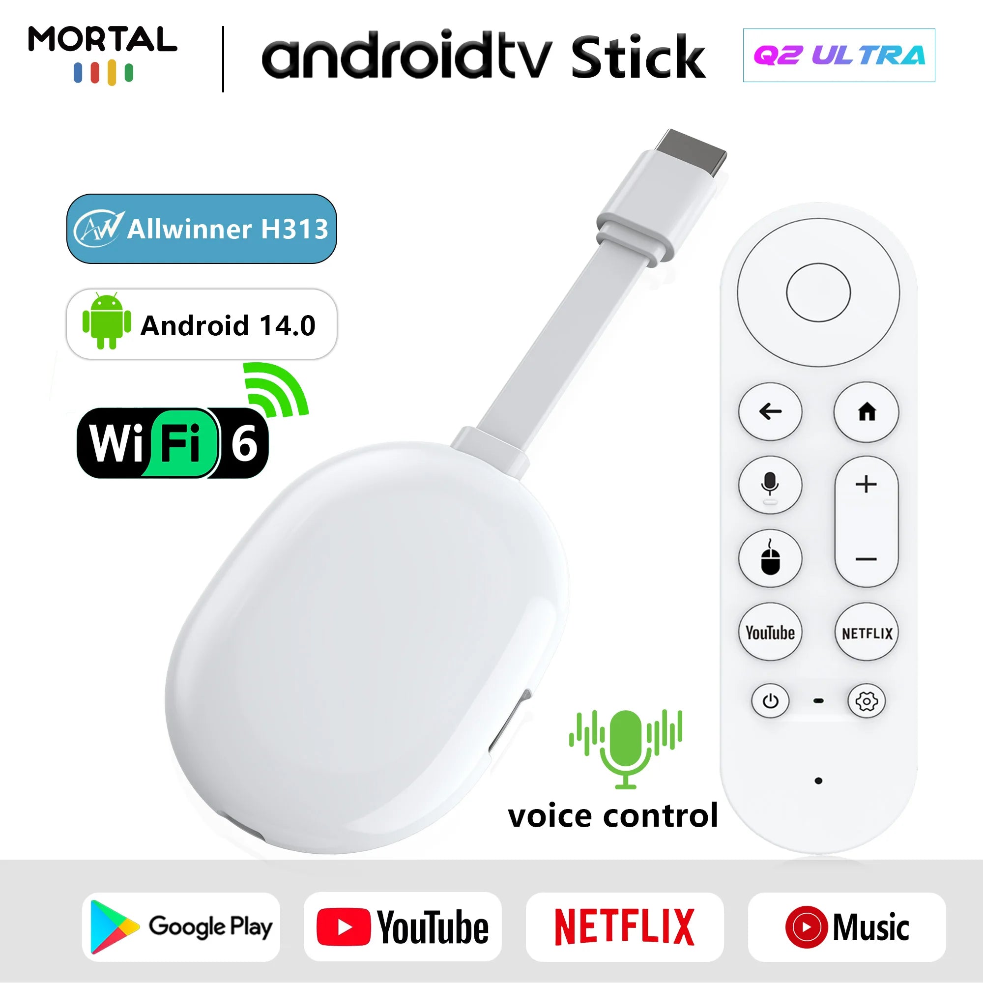 Android TV Stick Smart 4K Home theater Mortal Q2 ultra AllwinnerH313 Netflix YouTube Wifi6 Bluetooth Chromecast Voice Remote