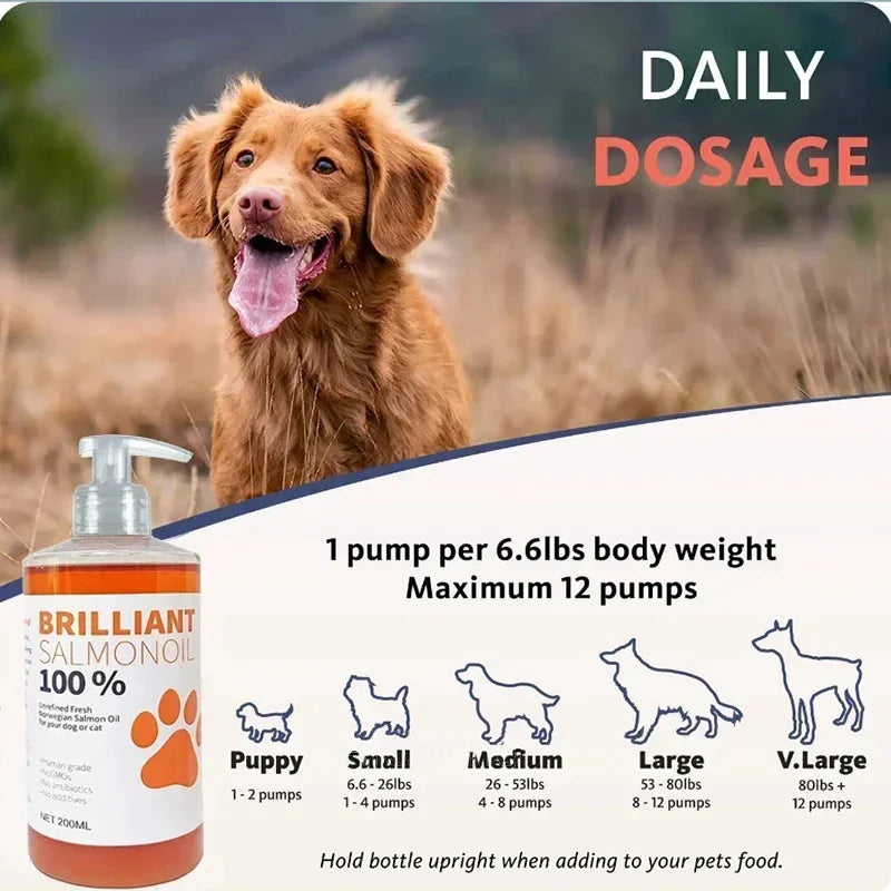 Brand 200ml PET BRILLIANT Pure SALMON OIL Natural No Chemical Treatment 21 Omega Fatty Acids Nutritional Supplements for Dogs