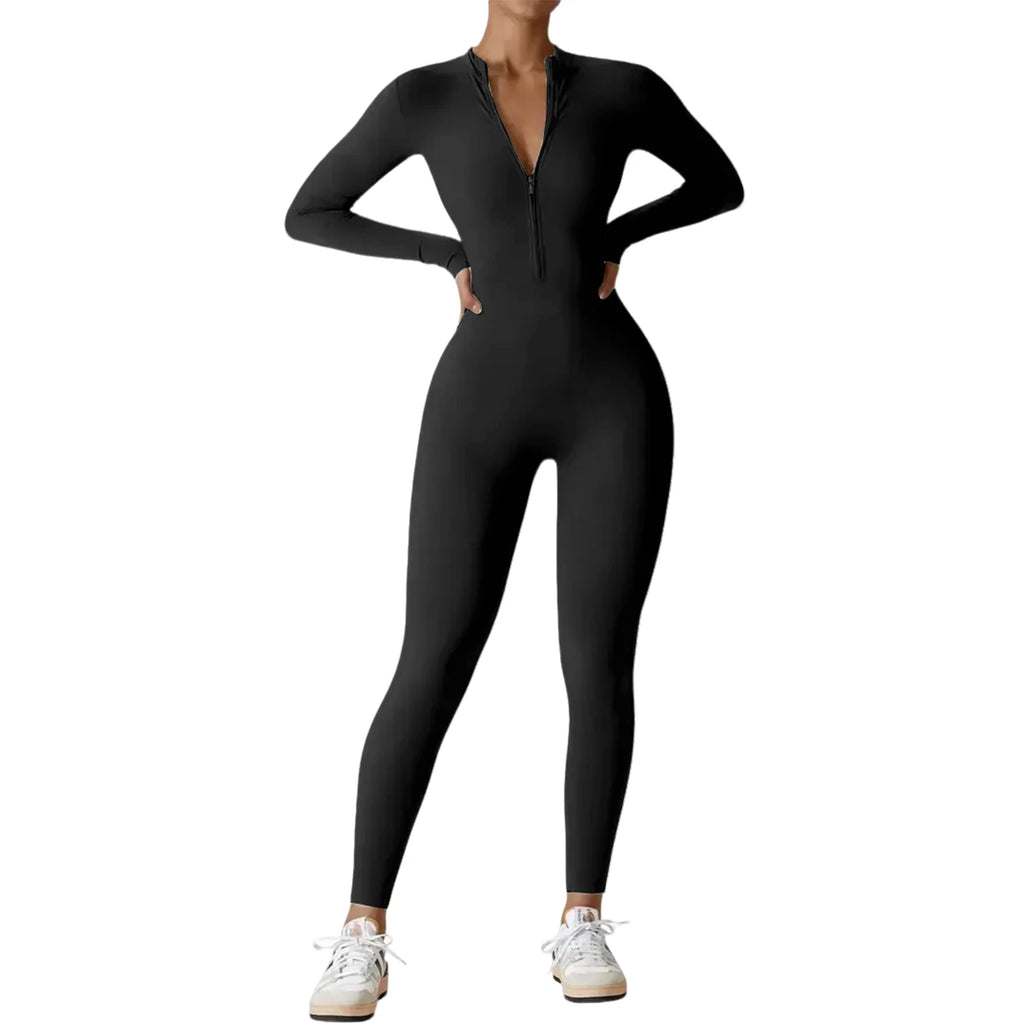 Women Long Sleeve Workout Jumpsuit Zip Up Romper Bottom Pants Bodysuit Bodycon Women Gym Clothing Running Fitness Suits