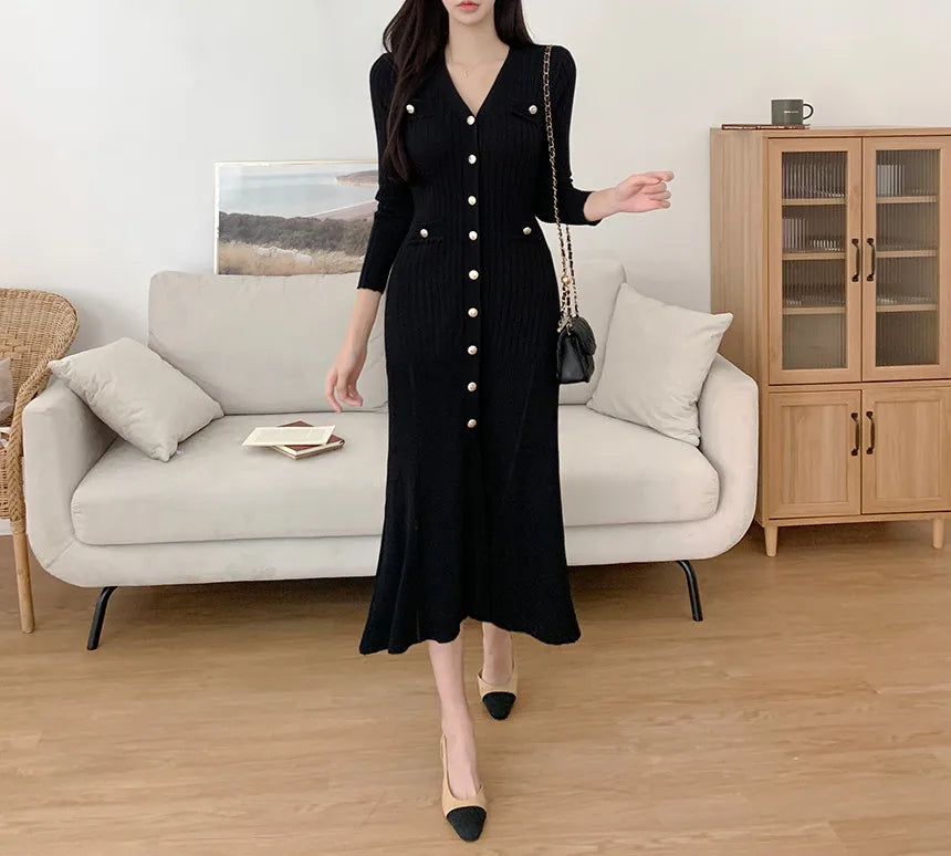 Summer Midi Dress Women Knitted Black Bodycon Korea Style Ruffle Ladies Dresses Elegant Fashion Casual Woman Long Sleeve Dress