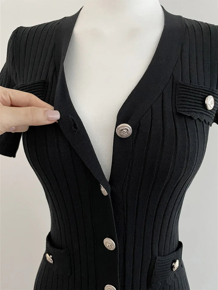 Summer Midi Dress Women Knitted Black Bodycon Korea Style Ruffle Ladies Dresses Elegant Fashion Casual Woman Long Sleeve Dress