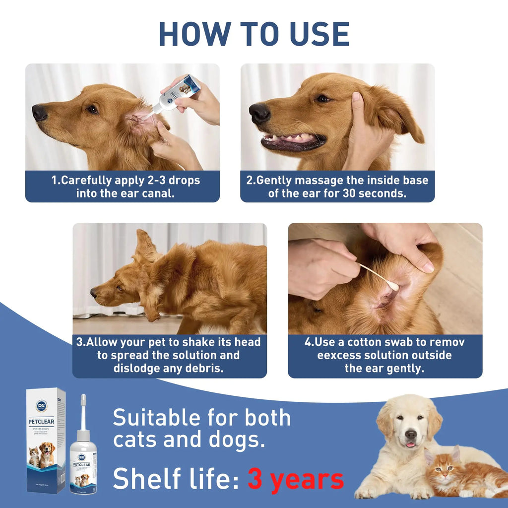 PetClear 60ml Natural Ear Drops - Dogs Cats Ear Care, Mite/Wax/Odor Removal, Itch Relief, No Stinging/Residue, Soft Dropper