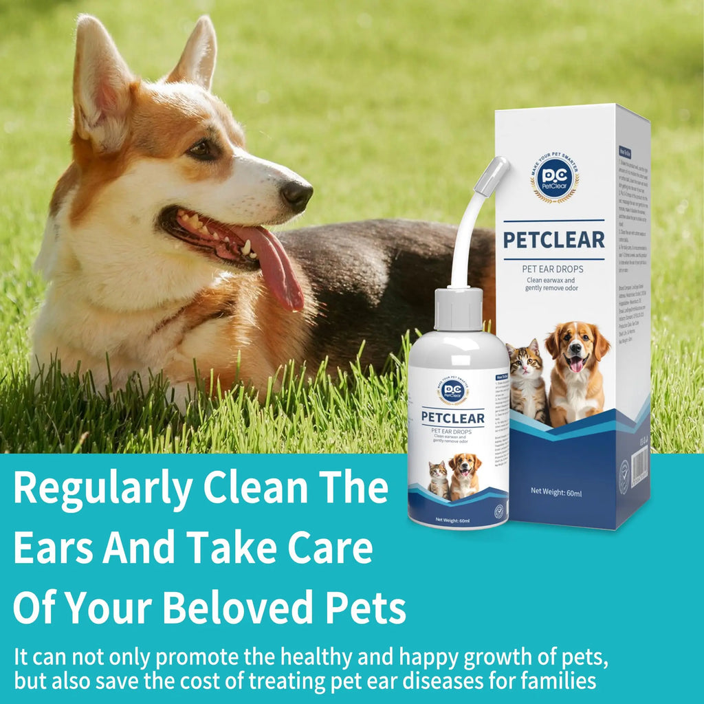PetClear 60ml Natural Ear Drops - Dogs Cats Ear Care, Mite/Wax/Odor Removal, Itch Relief, No Stinging/Residue, Soft Dropper