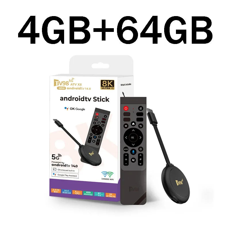 TV98 ATV X8 TV Stick 4G 5G Dual Wifi HD 8K 4K Android 14 H.265 BT 5.0 8GB 128GB Allwinner H313 quad-core Voice Remote Smart iptv