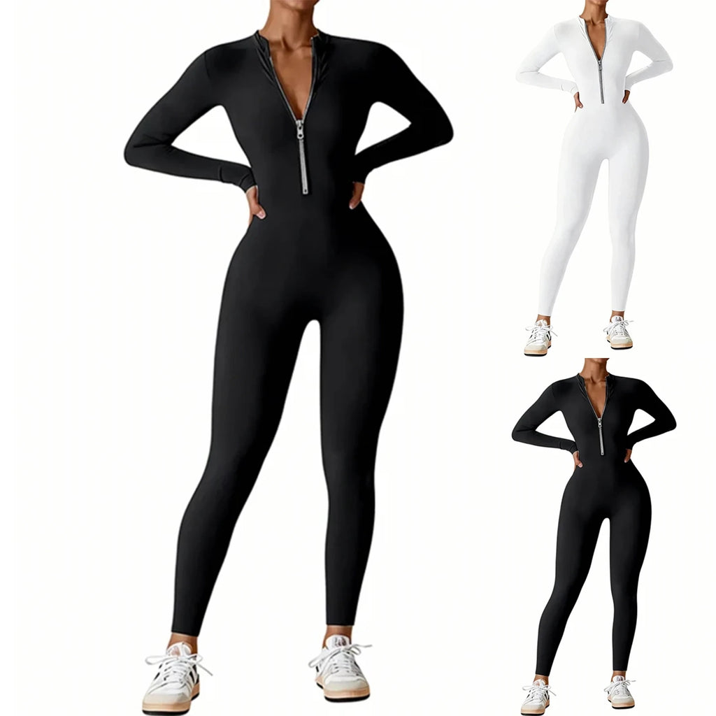 Women Long Sleeve Workout Jumpsuit Zip Up Romper Bottom Pants Bodysuit Bodycon Women Gym Clothing Running Fitness Suits