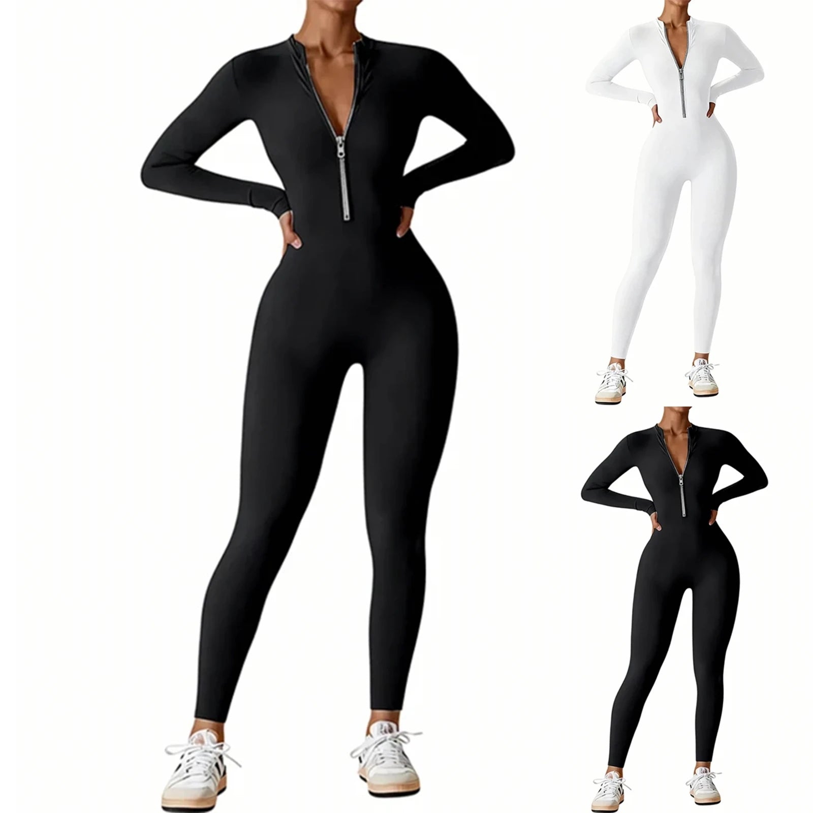 Women Long Sleeve Workout Jumpsuit Zip Up Romper Bottom Pants Bodysuit Bodycon Women Gym Clothing Running Fitness Suits