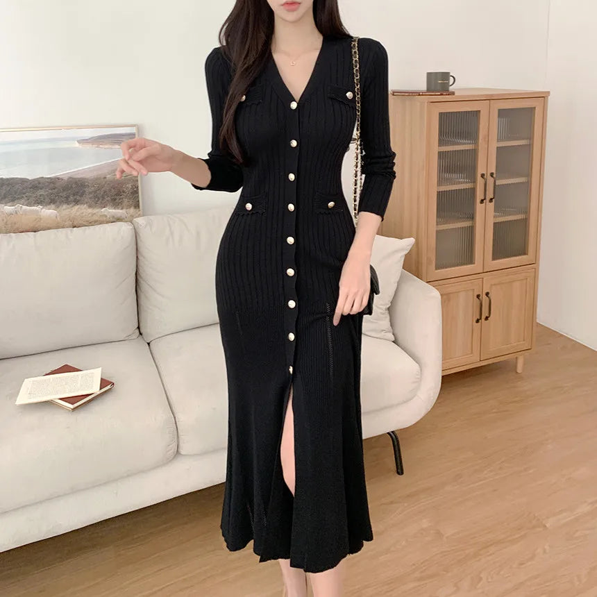 Summer Midi Dress Women Knitted Black Bodycon Korea Style Ruffle Ladies Dresses Elegant Fashion Casual Woman Long Sleeve Dress