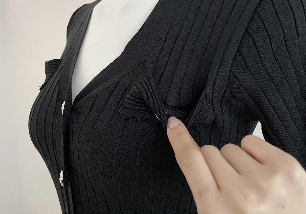 Summer Midi Dress Women Knitted Black Bodycon Korea Style Ruffle Ladies Dresses Elegant Fashion Casual Woman Long Sleeve Dress