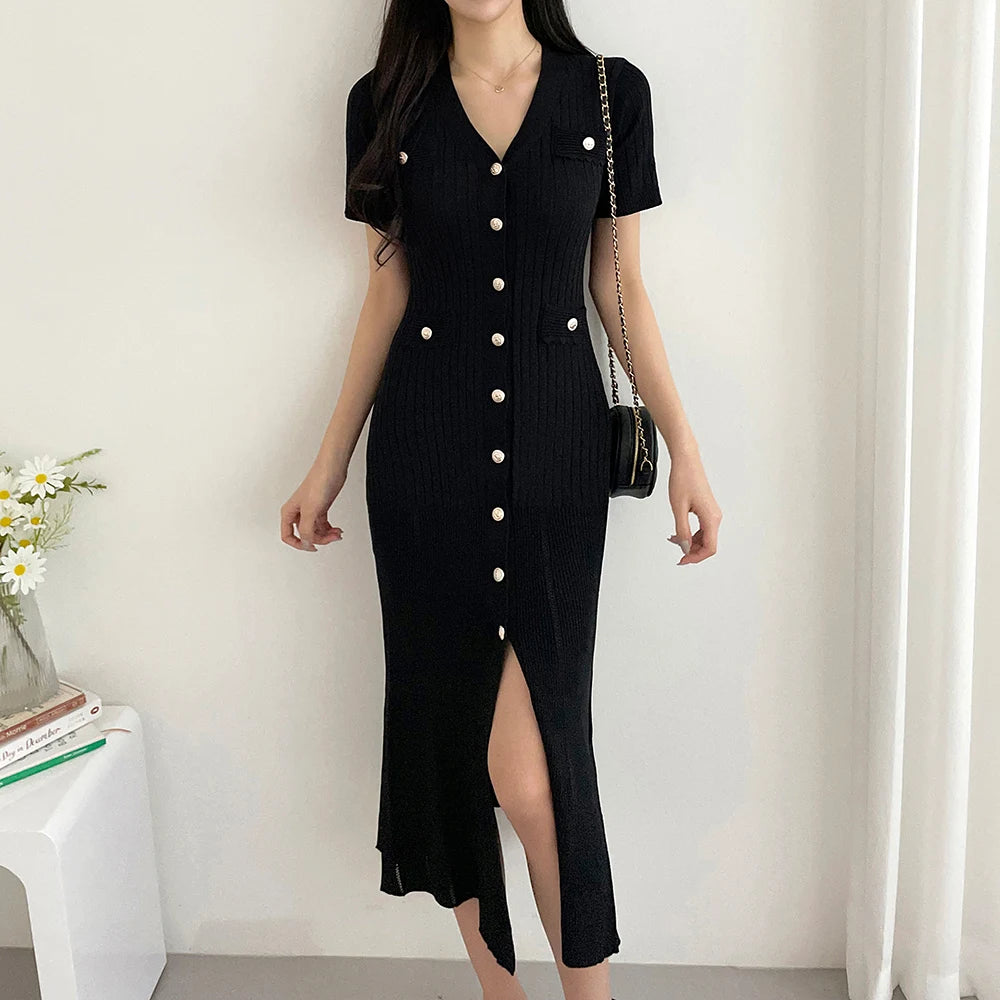 Summer Midi Dress Women Knitted Black Bodycon Korea Style Ruffle Ladies Dresses Elegant Fashion Casual Woman Long Sleeve Dress