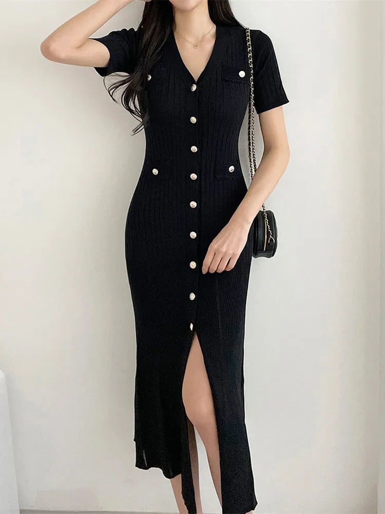 Summer Midi Dress Women Knitted Black Bodycon Korea Style Ruffle Ladies Dresses Elegant Fashion Casual Woman Long Sleeve Dress