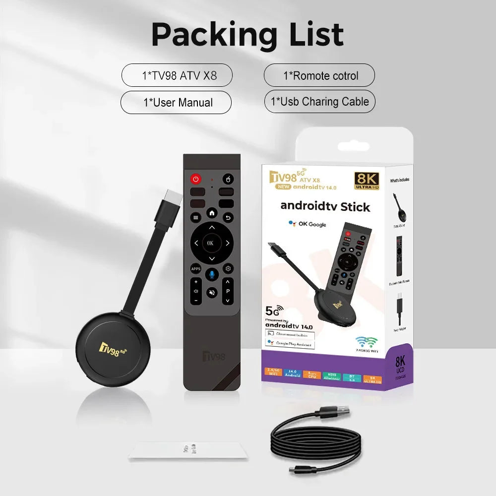 TV98 ATV X8 TV Stick 4G 5G Dual Wifi HD 8K 4K Android 14 H.265 BT 5.0 8GB 128GB Allwinner H313 quad-core Voice Remote Smart iptv