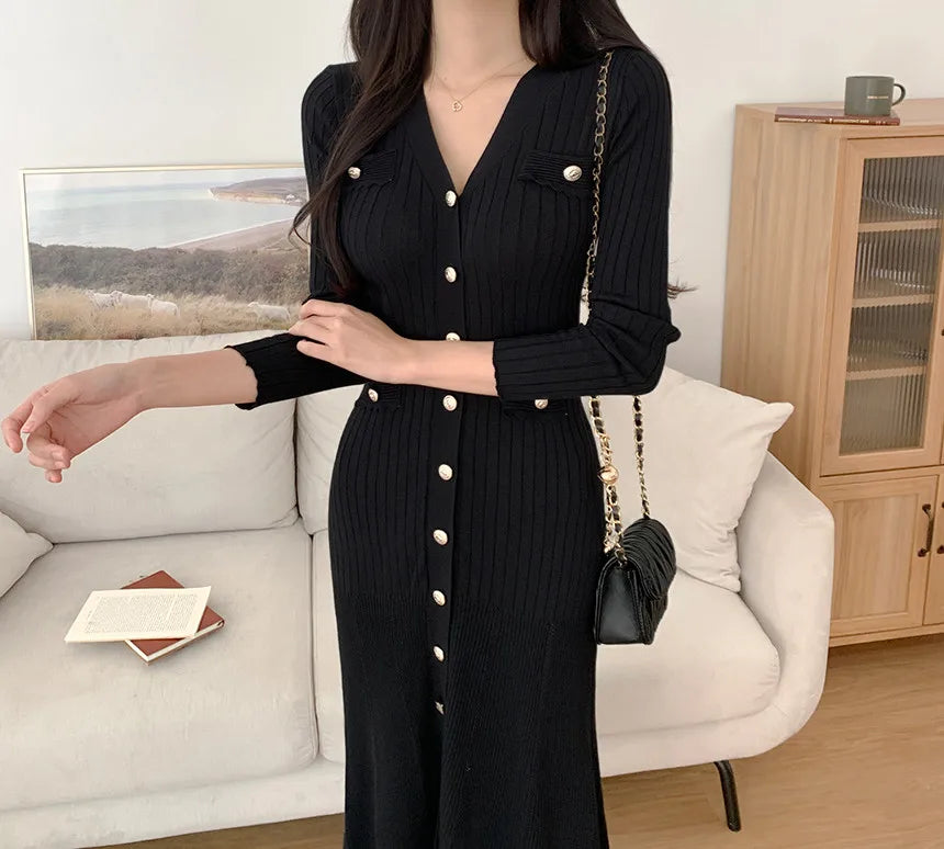 Summer Midi Dress Women Knitted Black Bodycon Korea Style Ruffle Ladies Dresses Elegant Fashion Casual Woman Long Sleeve Dress