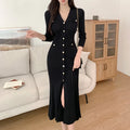 Summer Midi Dress Women Knitted Black Bodycon Korea Style Ruffle Ladies Dresses Elegant Fashion Casual Woman Long Sleeve Dress