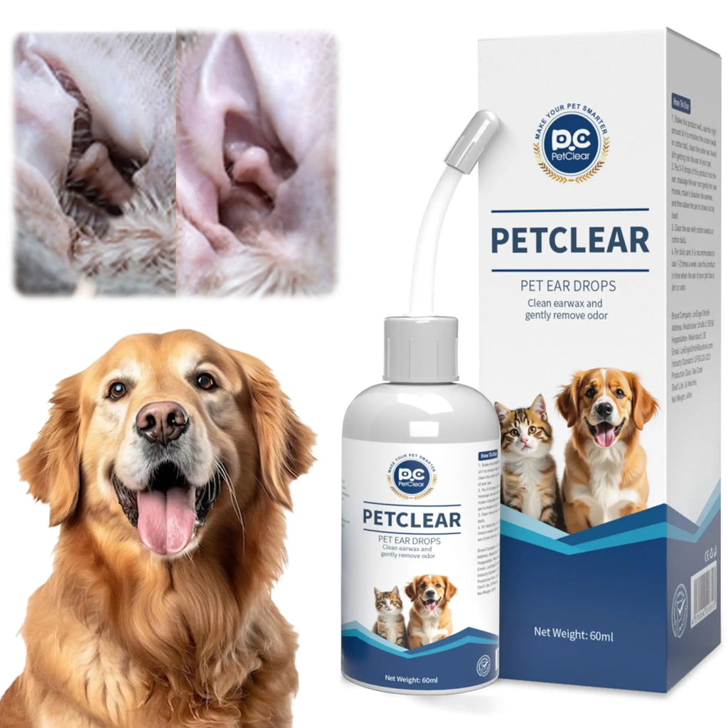 PetClear 60ml Natural Ear Drops - Dogs Cats Ear Care, Mite/Wax/Odor Removal, Itch Relief, No Stinging/Residue, Soft Dropper