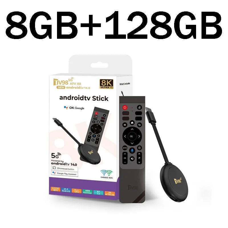 TV98 ATV X8 TV Stick 4G 5G Dual Wifi HD 8K 4K Android 14 H.265 BT 5.0 8GB 128GB Allwinner H313 quad-core Voice Remote Smart iptv