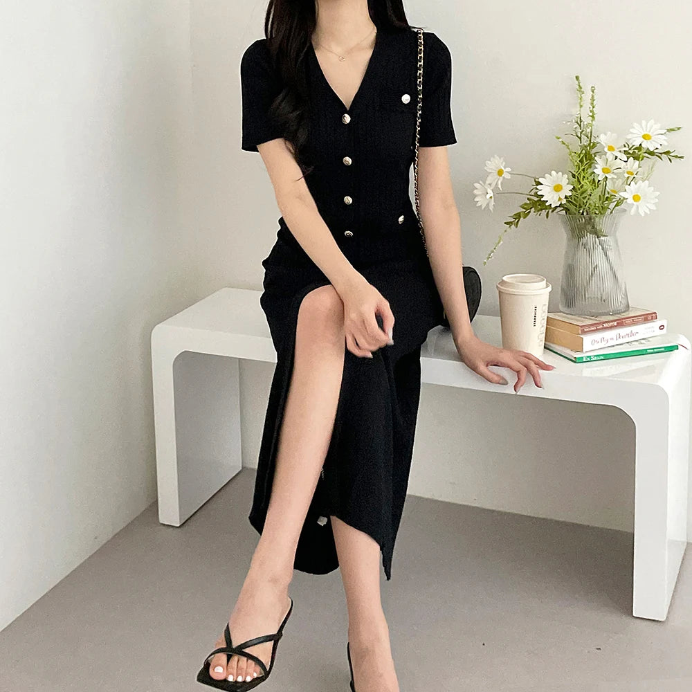 Summer Midi Dress Women Knitted Black Bodycon Korea Style Ruffle Ladies Dresses Elegant Fashion Casual Woman Long Sleeve Dress
