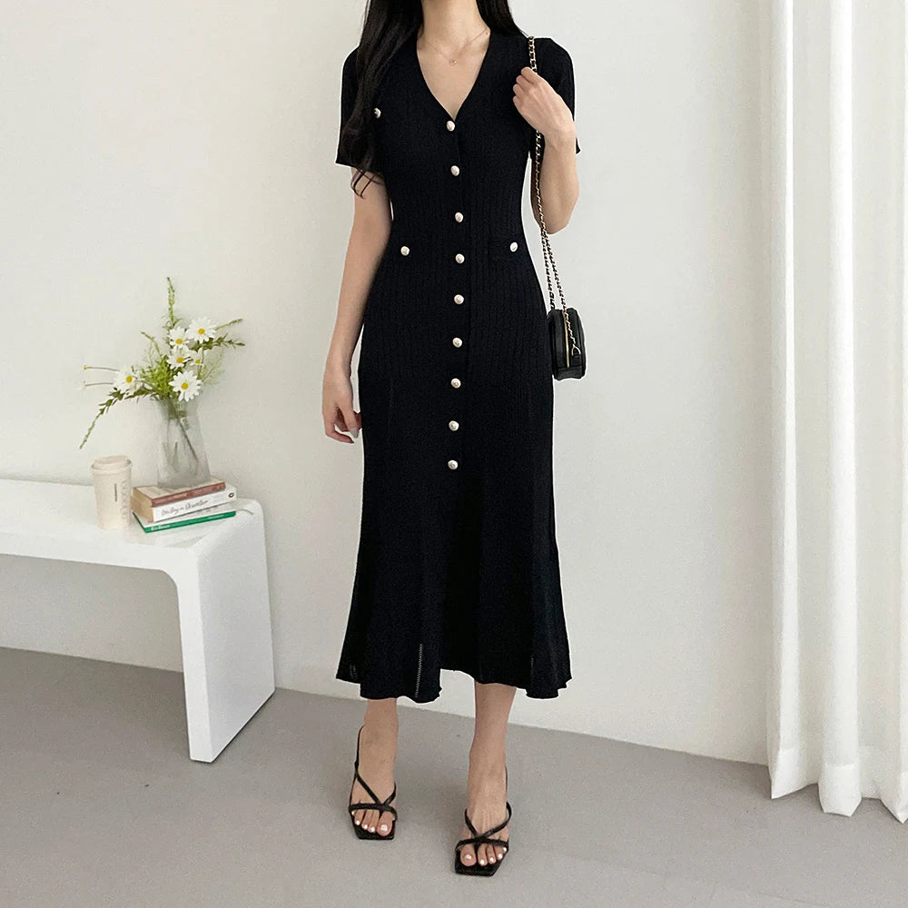 Summer Midi Dress Women Knitted Black Bodycon Korea Style Ruffle Ladies Dresses Elegant Fashion Casual Woman Long Sleeve Dress