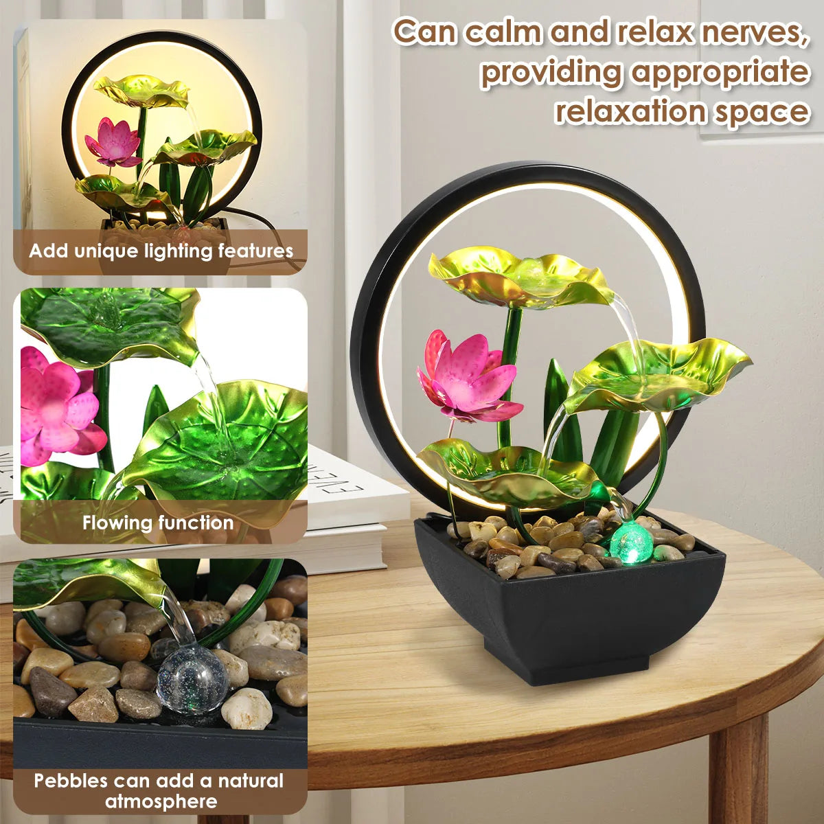 Tabletop Water Fountain USB Powered Relaxation Desktop Waterfall Fountain With Natural Rocks And LED Ring Lights For Home Decor