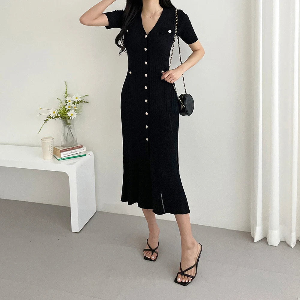 Summer Midi Dress Women Knitted Black Bodycon Korea Style Ruffle Ladies Dresses Elegant Fashion Casual Woman Long Sleeve Dress