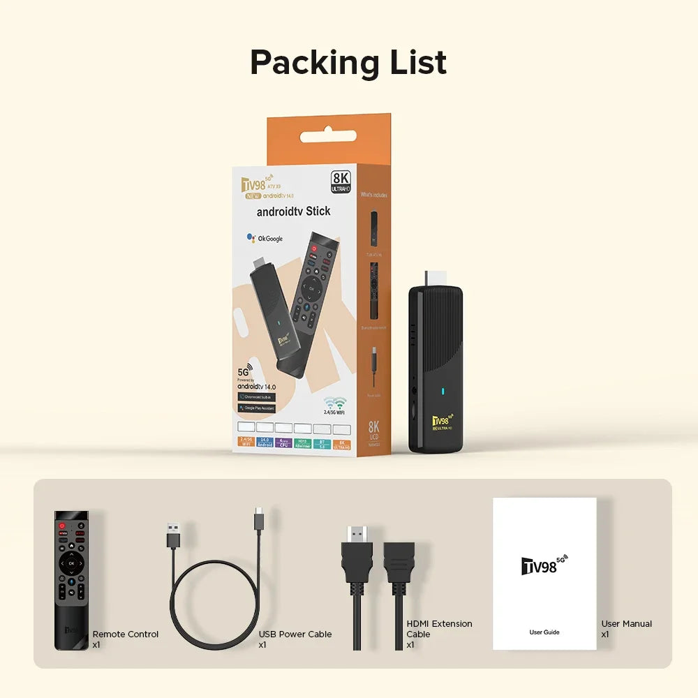 Updated TV98 ATV X9 TV Stick Android 14 Allwinner H313 Quad Core Wifi 4G 5G BT5.0 Voice Remote Smart TV Box HD 4K 8K iptv Stick