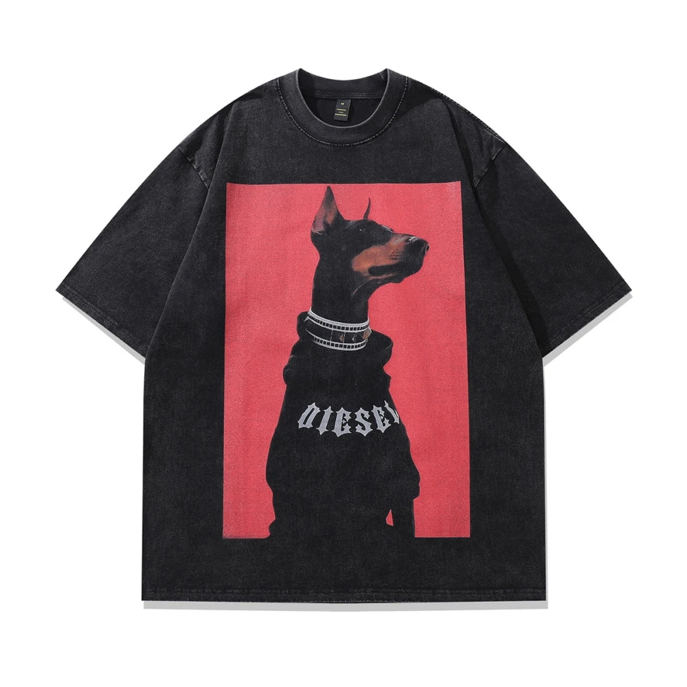Washed Distressed Printed Oversized T-Shirt Dog Tees for Men Women Baggy Aesthetic Clothing Tops Vintage Goth Clothes Streetwear
