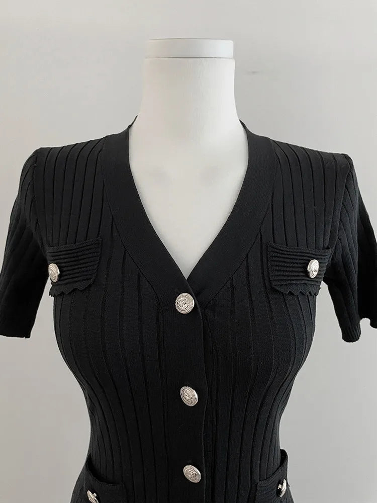 Summer Midi Dress Women Knitted Black Bodycon Korea Style Ruffle Ladies Dresses Elegant Fashion Casual Woman Long Sleeve Dress